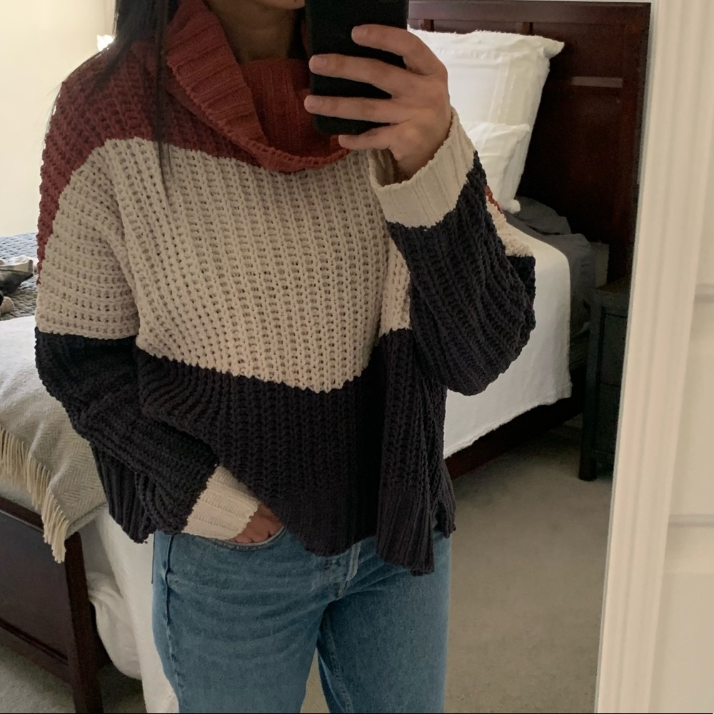 Cowl Neck Color-block Sweater